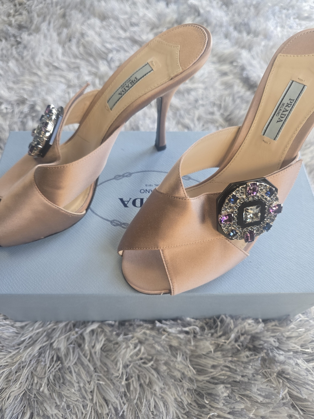 Prada Calzarure Donna Raso Jewel Mules in Nude